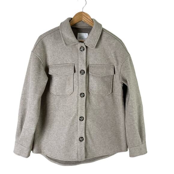 AVEC LES FILLES Button Front Boyfriend Shacket in Beige Oat Melange, Size Small - Picture 2 of 14